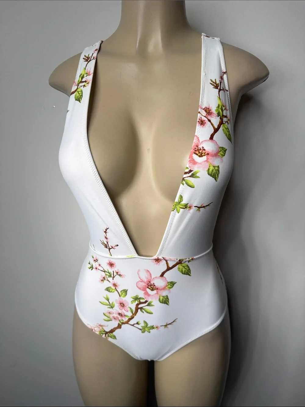 Forever 21 White Floral Plunge One-Piece Swimsuit